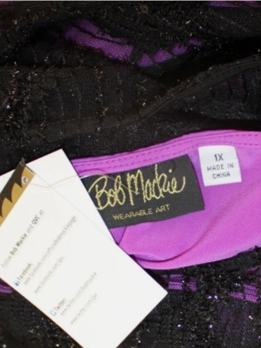 NWT Bob Mackie Wearable Art 1X Purple Black Chevron Sequin Lace Tunic Top - Picture 6 of 8